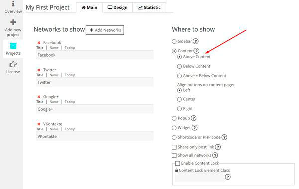 Social Share Buttons by Supsystic Above Content Add new project of Social Share Buttons plugin