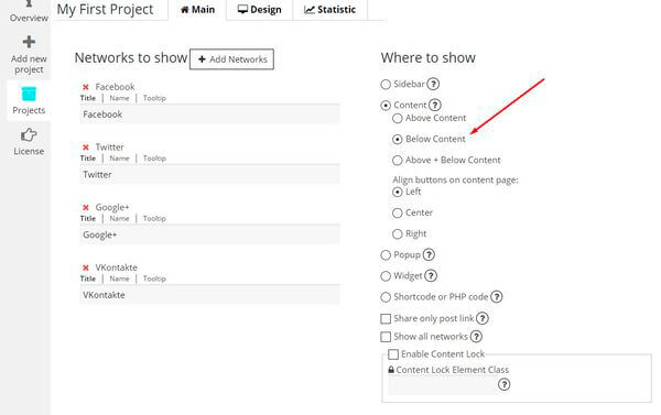 Social Share Buttons by Supsystic Below Content Add new project of Social Share Buttons plugin