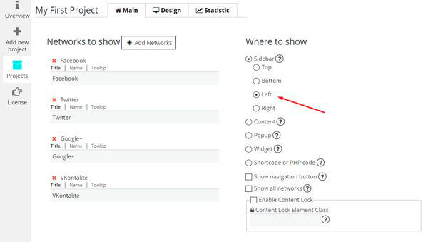 Social Share Buttons Sidebar Left Add new project of Social Share Buttons plugin