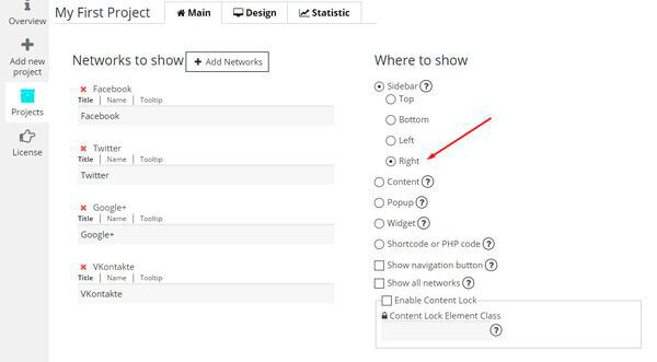 Social Share Buttons by Supsystic Sidebar Right Add new project of Social Share Buttons plugin