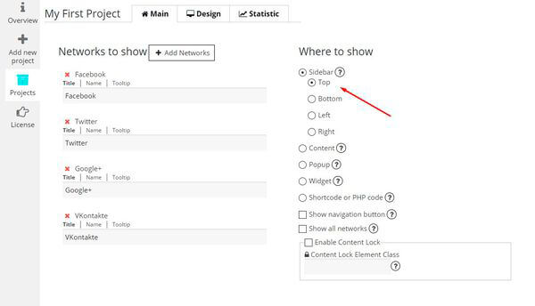 Social Share Buttons by Supsystic Sidebar Top Add new project of Social Share Buttons plugin