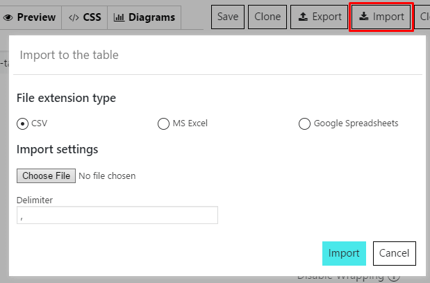 Data Tables Generator Import option Data Tables Generator Import option