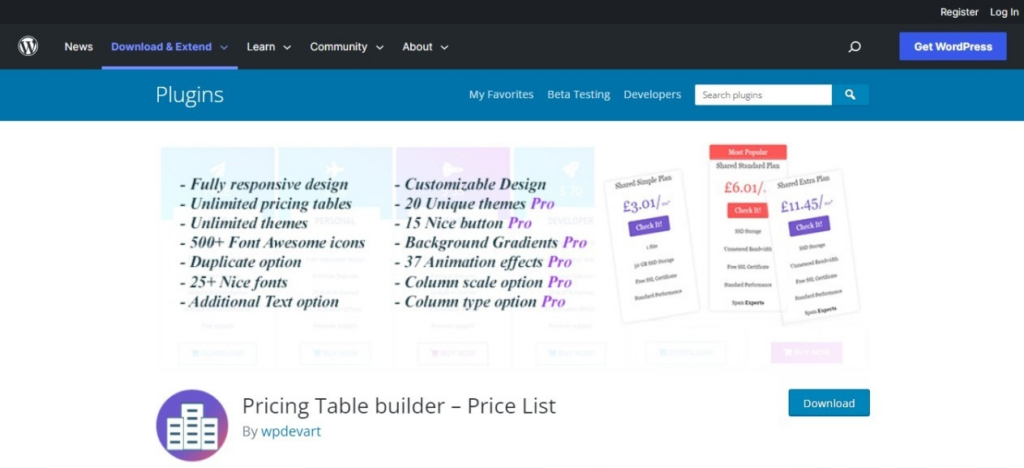 WP Pricing Table Builder