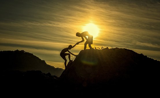 Sunset, Men, Silhouettes, Helping
